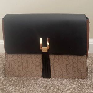 Calvin Klein New Brown & Black Leather Crossbody with Tassle